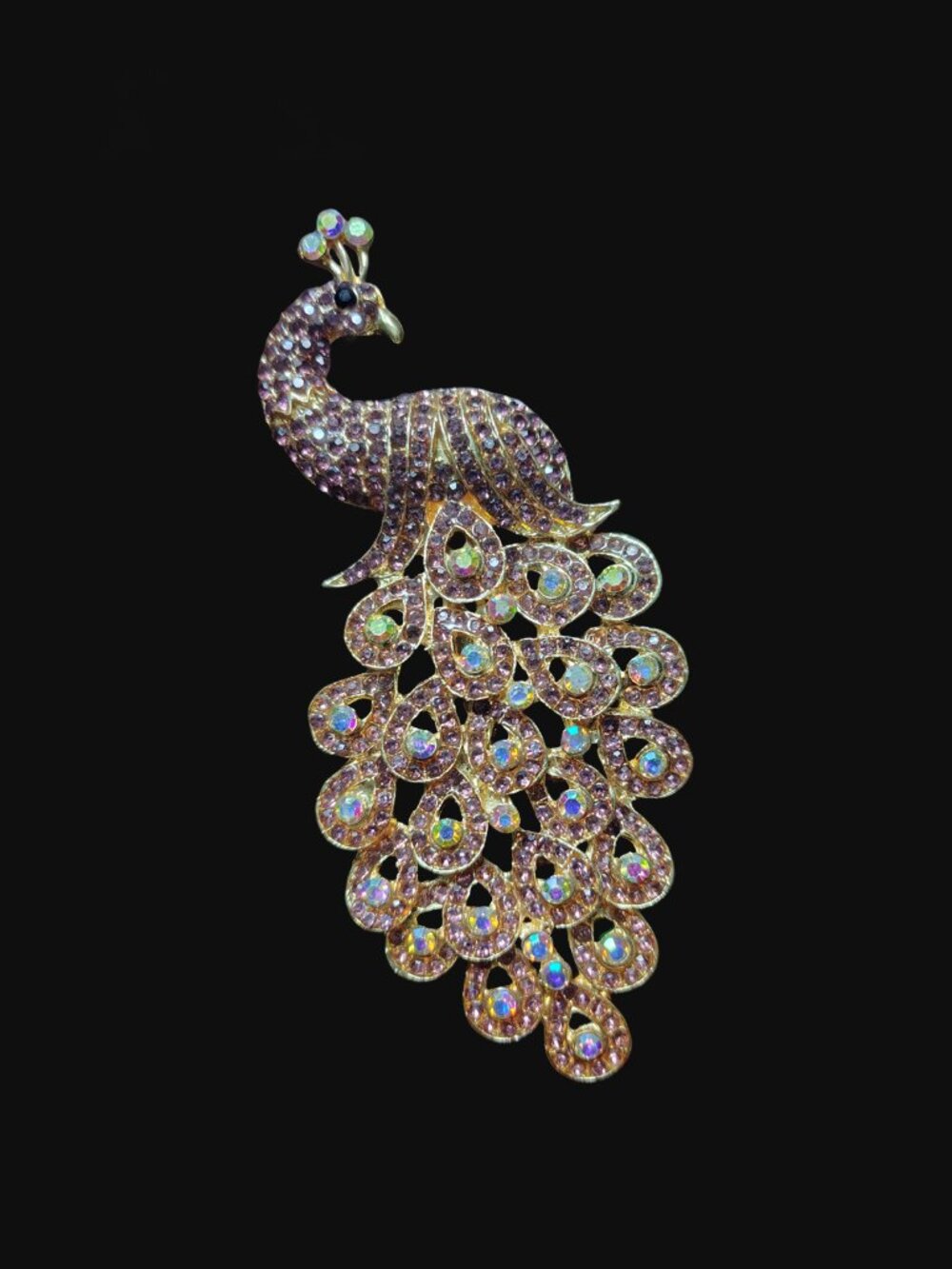 XL 4.75" Gold Pink Iridescent Rhinestone Peacock Bird Pin Brooch Costume Jewelry